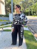 Blusa Feminina Plus Size Estampada Preto e Branco em Viscose com Cinto – Elegância e Conforto do 44 ao 54