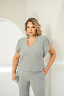 Conjunto plus size brilhante com lurex de calça e blusa com manga soltinha