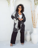 Conjunto plus size chic calça alfaiataria e kimono alongado