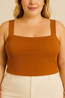 Top Canelado Caramelo Plus Size com Alça Larga e Decote Quadrado