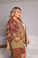 Kimono Estampado Marrom boho Plus Size em Viscose