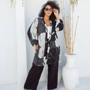 Conjunto plus size chic calça alfaiataria e kimono alongado