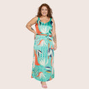 Vestido Plus size longo de Poliéster com fendas laterais verde-água Manuela